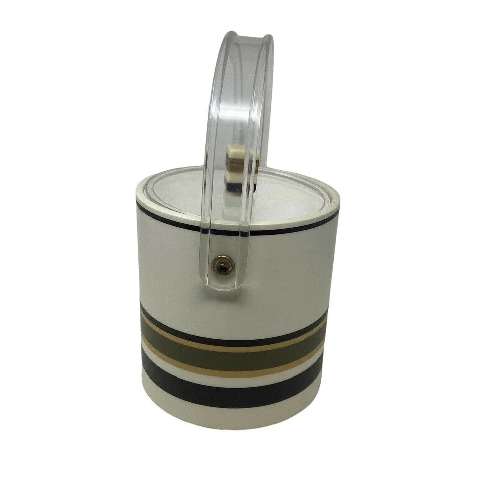 Cera Vintage MCM Striped Cream/Brown Plastic Ice Bucket w/ Lucite Handle